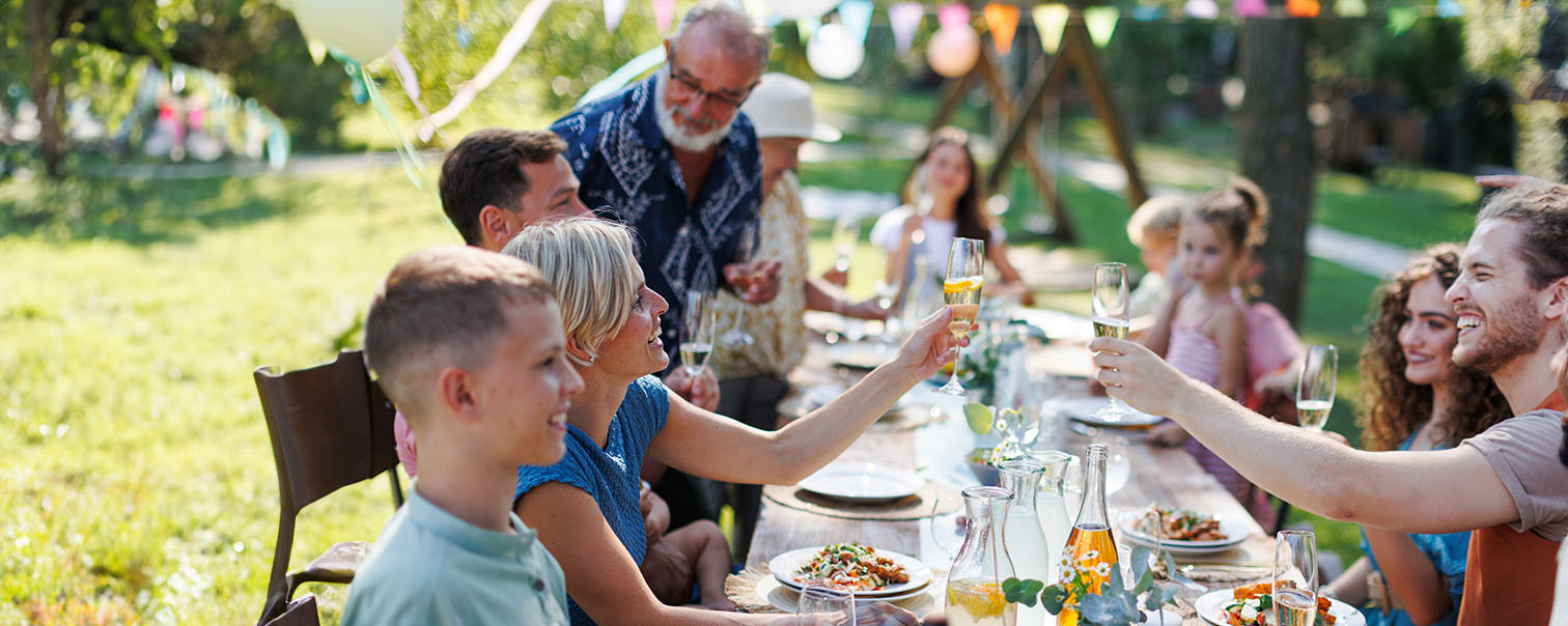 Familiefeest in de tuin onder stralende lentezon als illustratie van de overzichtspagina van DVV-verzekeringen 